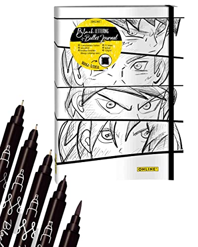 Online Malset Manga | 5 schwarze Kalligrafie-Stifte + Bullet Journal + Manga Zeichen Tutorial | Black Lettering Pen Fineliner + Pinselsitfte von Online