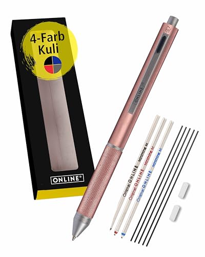 𝗢𝗡𝗟𝗜𝗡𝗘 Multipen 4-in-1 Rosegold | Kugelschreiber & Bleistift Multifunktionsstift Metall | 3x Kugelschreiber-Mine in blau,schwarz, rot, 1x Druckbleistift-Mine | inkl. Radiergummi, in Geschenkbox von Online