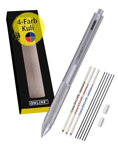 Online Multipen 4-in-1 Silber | Kugelschreiber & Bleistift Multifunktionsstift Metall | 3x Kugelschreiber-Mine in blau,schwarz und rot, 1x Druckbleistift-Mine | inkl. Radiergummi, in Geschenkbox von Online