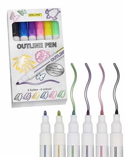 Online Outline-Pens | Glitzerstifte für Kinder und Jugendliche | 6 Farben mit Glitzereffekt | Fasermaler für Kreative und Künstler | Optimal für Karten und Aquarellpapier von Online
