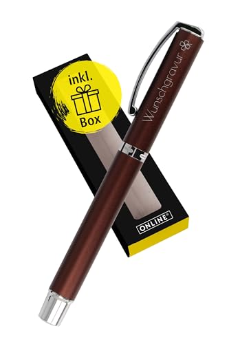Online Personalisierter Füller mit Gravur Vision Cognac als Geschenk I Klares Design, satiniertes Aluminium, Iridium-Feder M I Brauner Füllfederhalter inkl. Geschenkverpackung von Online