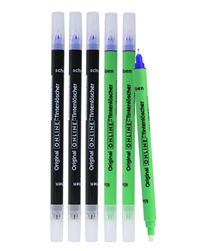 Online Vorteils-Pack 6x Tintenlöscher zum Löschen und Überschreiben | in verschiedenen Farben, je 3x schwarz, grün | Entfernung und Korrektur blauer Tinte | Schreibfarbe blau von Online