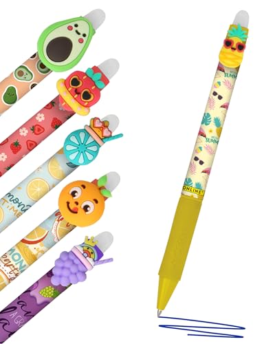 Online magiXX, 6x Radierstift Fun Fruits I Gelschreiber blau radierbar mit 0,7mm Strichstärke I Tintenroller zum Schreibenlernen, Büro I kompatibel mit Frixion Mine I Radierbarer Kugelschreiber von Online