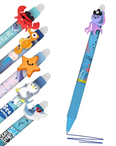 Online magiXX, 6x Radierstift Fun Sea World I Gelschreiber blau radierbar mit 0,7mm Strichstärke I Tintenroller zum Schreibenlernen, Büro I kompatibel mit Frixion Mine I Radierbarer Kugelschreiber von Online
