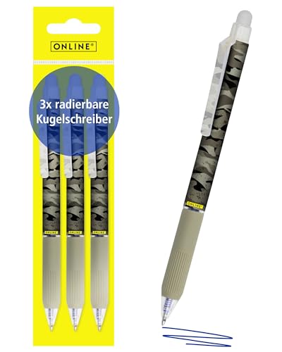 Online magiXX, 3x Radierstift Camouflage I Gelschreiber blau radierbar mit 0,7mm Strichstärke I Tintenroller zum Schreibenlernen, Büro I Erasable Pen Set I Radierbarer Kugelschreiber Schüler von Online