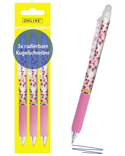 Online magiXX, 3x Radierstift Cherry Blossom I Gelschreiber blau radierbar mit 0,7mm Strichstärke I Tintenroller zum Schreibenlernen, Büro I Erasable Pen Set I Radierbarer Kugelschreiber Schüler von Online