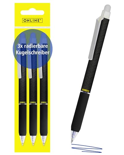 Online magiXX, 3x Radierstift Schwarz I Gelschreiber blau radierbar mit 0,7mm Strichstärke I Tintenroller zum Schreibenlernen, Büro I Erasable Pen Set I Radierbarer Kugelschreiber Schüler von Online