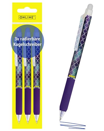 Online magiXX, 3x Radierstift Shiny Dreams I Gelschreiber blau radierbar mit 0,7mm Strichstärke I Tintenroller zum Schreibenlernen, Büro I Erasable Pen Set I Radierbarer Kugelschreiber Schüler von Online