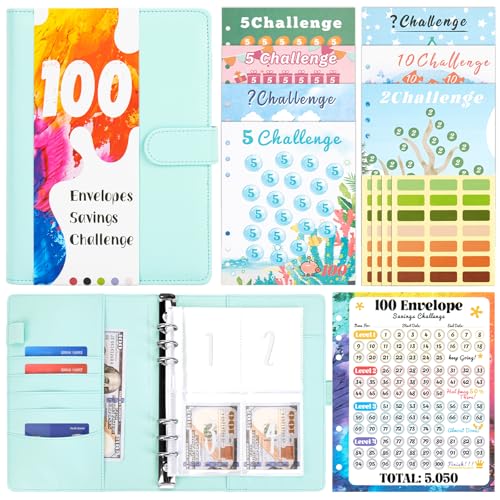 Onlyesh Ringbuch A5, Budget Planner mit 100 Tage Sparchallenges + Binder Taschen (25 Stck.) + 5 Blatt Etikettenaufklebern, Budgetplaner für Geschenk, Cash Stuffing Startset von Onlyesh