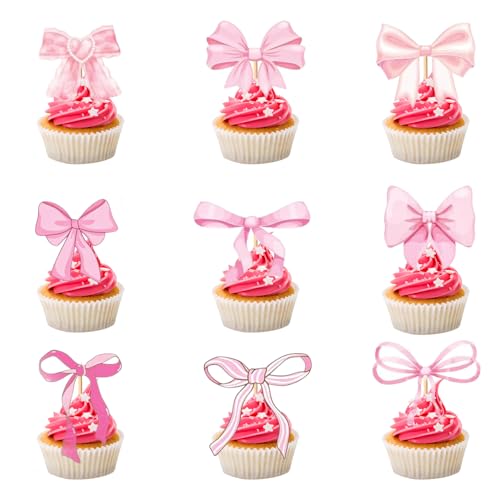 36 Stück Rosa Schleife Tortendeko Süße Cupcake Topper mit Schleife Coquette Geburtstagsdekorationen Mädchen Geburtstag Party Kuchen Dekorationen von Onperpoe