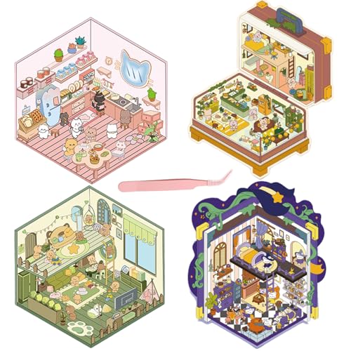 4 Sets DIY 3D House Stickers Mit Tweezer 3D House Sticker Set DIY 3D Sticker Scene Zauberbuch|Wohnzimmer|Küche|Make-up-Box Fun Cute Scene Stickers Stressabbau für Erwachsene Kinder von Onperpoe
