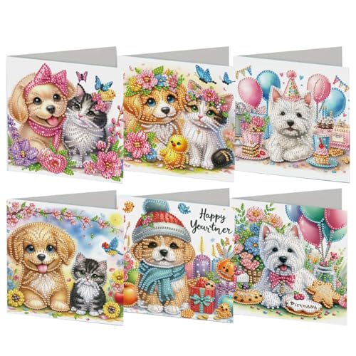 5D DIY Diamond Painting Karten Set 6 Stück Hund Katze Strass Handwerk Grußkarte Handgemachtes Diamond Painting Grußkarte mit Umschlag Set Dankeschön Handgefertigte Grußkarten für Familie Freunde von Onperpoe