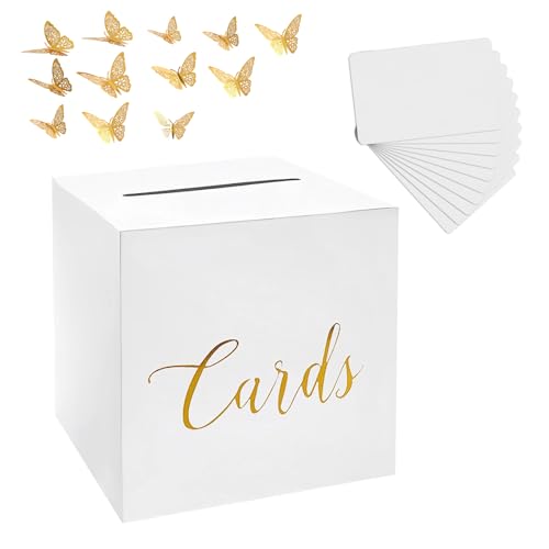 Kartenbox Hochzeit Weiß Karten Box mit Goldfolien Geschenkbox Geldbox mit 10 Grußkarten und 12 Schmetterling Hochzeitskartenbox Briefbox mit Schlitz für Hochzeit Geburtstag Baby Dusche Party Deko Kartenbox Hochzeit Weiß Karten Box mit Goldfolien Geschenkbox Geldbox mit 10 Grußkarten und 12 Schmetterling Hochzeitskartenbox Briefbox mit Schlitz für Hochzeit Geburtstag Baby Dusche Party Deko von Onperpoe