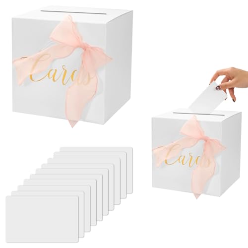 Kartenbox Hochzeit Weiß Karten Box mit Goldfolien Geschenkbox Geldbox mit 10 Grußkarten und Rosa Schleife Hochzeitskartenbox Briefbox mit Schlitz für Hochzeit Geburtstag Baby Dusche Party Deko von Onperpoe
