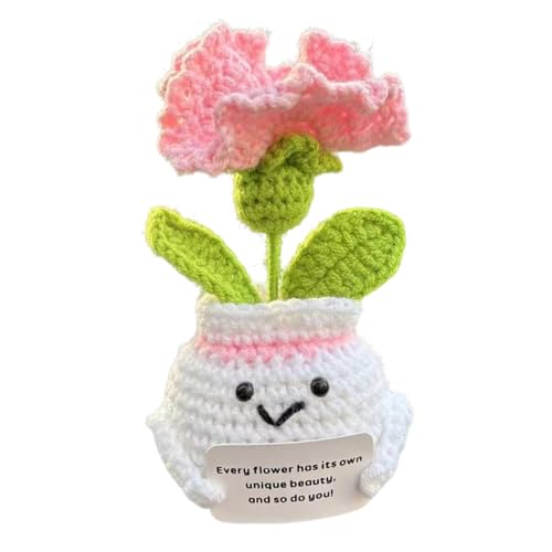 Onperpoe Positive Häkelblumen, Positive Nelke Rosa Künstliche Blumen, Gestrickte Blumen mit Bestätigungskarte Emotionale Unterstützung Häkeln, Emotionale Unterstützung Geschenk für Frauen Mama Freund von Onperpoe