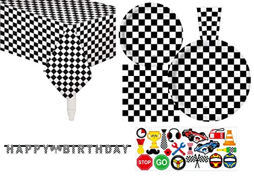Serves 30 Essential Party Pack Black and White Checkered 22.9 cm Dinner Paper Plates 17.8 cm Dessert Paper Plates 265.1 g Cups 3 Ply Napkins 1 Happy Birthday Banner 2 Table Cover 20 Photo Props Race von Oojami