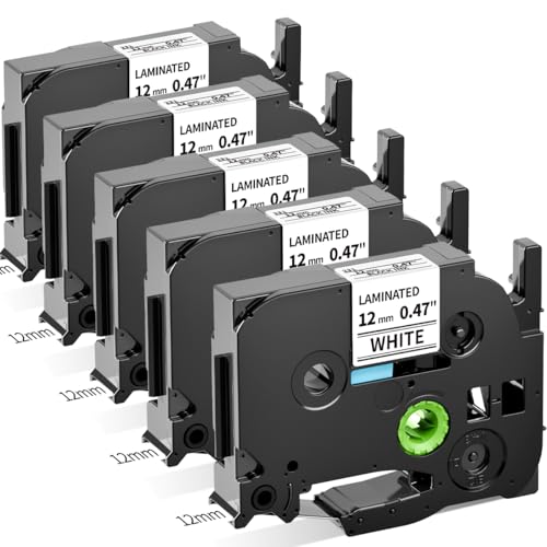 Oozmas TZ Tape 12mm 0.47 White kompatible mit Brother Ptouch Schriftband TZe-231 AZe-231, Laminated Tape 12mm kompatible mit Brother Ptouch H105 D210 D400 H110 H107B Cube Beschriftungsband, 5-Pack von Oozmas