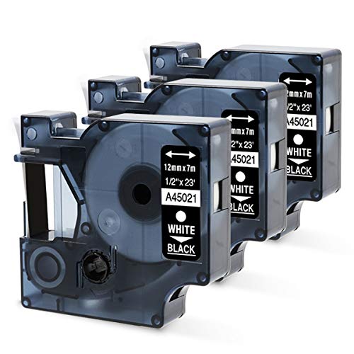 Oozmas Schriftband kompatibel mit Dymo D1 Weiß auf Schwarz 45021 12mm x 7m, Etikettenband kompatibel mit Dymo LabelManager LM160 LM210D LM260P LM280 LM360D LM420P, 3er-Pack von Oozmas