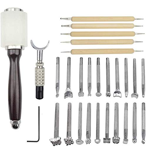 27 Stück Leder Werkzeuge Set, Lederschnitzhammer mit DIY Leder Prägestempel Set Schnitzset Platinum Leather Schneidwerkzeug Ledermesser Art Painting Cutter für Leder Carving Working Crafting von Opaltool