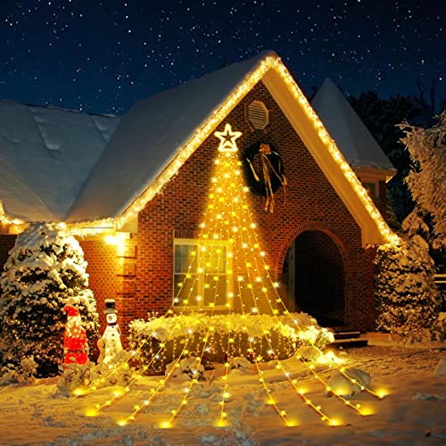 Opard Lichterkette Außen Innen 3.5m x 9 Vorhänge mit Sterne, 317 LED Lichterkette Weihnachtsbaum 8 Modi Christbaumbeleuchtung, Lichterkette Eisregen für Tannenbaum, Weihnachtsbaum, Garten, Hochzeit von Opard