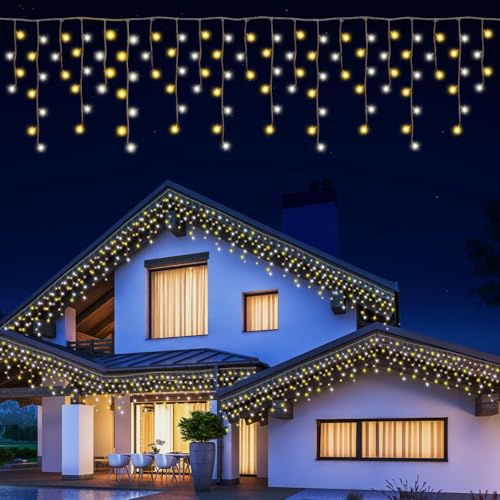 Opard Weihnachts Eiszapfen Lichterkette Außen, 12.8m (7.8m+5m) 200 LED mit 11 Beleuchtungsmodi, Speicher- & Timerfunktion, Wasserdichte Zweifarbige Weihnachtsbeleuchtung für Deko Balkon Partys Haus von Opard