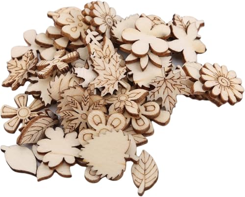 100 Stück unlackierte Holzblüten-Holzscheiben, Blattmuster, Ausschnitte, Mini-Holz, handgefertigt, Dekoration, Bastelbedarf, unlackiert, Basteln, Kunst von Opemg