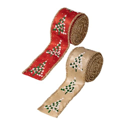 Operitacx 2 Rollen Weihnachtsband mit Drahtkante Farben Rot Khaki Stoffband mit Klassischen Weihnachtsbaum und Glitzermotiven für DIY Basteln Kränze Schleifen und Festliche Dekorationen von Operitacx