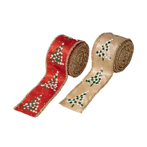 Operitacx 2 Rollen Weihnachtsband mit Drahtkante Festliches Dekorationsband für DIY Basteln Klassische Weihnachtsbaum und Glitzermotive Formstabil Farbecht für Geschenkverpackung und von Operitacx