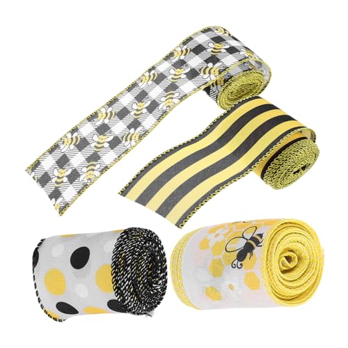 Operitacx 4 Rollen Teiliges Bienen Geschenkband aus Strapazierfähigem Polyester Farbenfrohes Dekoratives DIY Band für Geschenkverpackung Blumen Kuchen und Kreative Bastelarbeiten von Operitacx