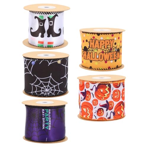 Operitacx 5 Rollen Halloween DIY Bänder Pack Yards pro Bunte Kranz Dekoband mit Kürbis Stiefel Spinnennetz Buchstaben Motive für Bastelarbeiten Partydekoration von Operitacx