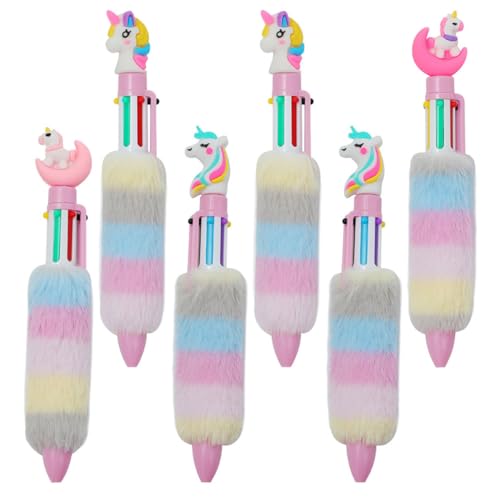 Operitacx 6 Stück Teiliges Cartoon Kugelschreiber Einziehbare Mehrfarbige Stifte für Mädchen Kreative Plüsch Einhorn Design für Scrapbooking und Schule von Operitacx