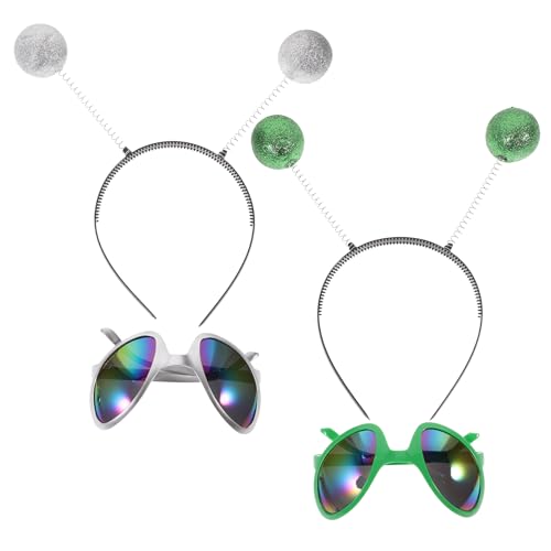 Operitacx Alien-Kopfbandantenne mit Brille | Mars-Alien-Kostümzubehör | Halloween-Partygeschenke mit Weltraum-Motto für Damen, Herren und Kinder (2er-Pack) (Silber und Grün) von Operitacx