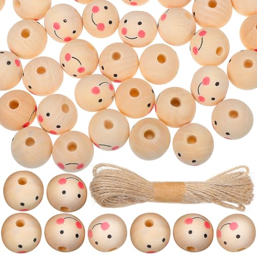 Operitacx Lächeln Gesicht holzperle, 80 Stück Lose Holzperlen Bastelperlen Mit 10 M Seil, Holzperlen Rund, Kreative runde perlen, Holzperlen Natur 20mm für Kinder schmuck Machen zubehör Operitacx Lächeln Gesicht holzperle, 80 Stück Lose Holzperlen Bastelperlen Mit 10 M Seil, Holzperlen Rund, Kreative runde perlen, Holzperlen Natur 20mm für Kinder schmuck Machen zubehör von Operitacx