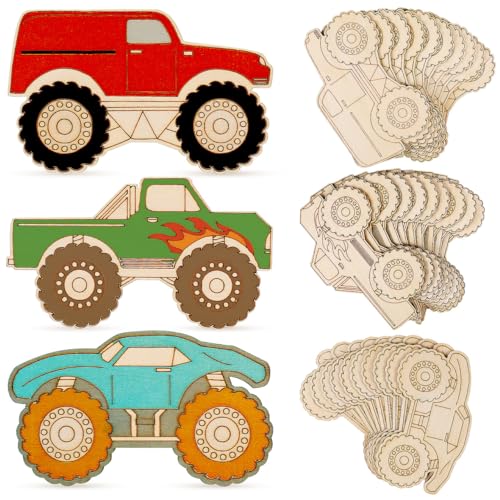 Operitacx 30 Stück Holz Monster Truck Bastelset - Unvollendete Holzfahrzeuge Zum Bemalen, Handgefertigte Hängende Ornamente Für DIY, Party Dekorationen von Operitacx