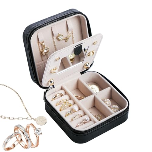 Opilroyn Tragbare Schmuckschatulle, Reise-Schmucketui, Organizer, tragbar, 2-lagig, Halskettenorganizer für Damen mit Spiegel, Aufbewahrungsbox für Anhänger, Ringe von Opilroyn
