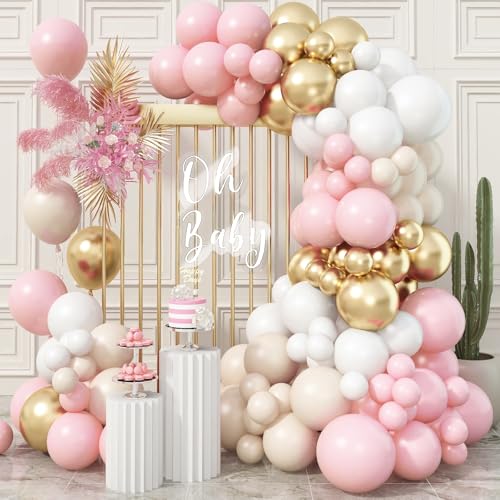 Luftballon Girlande Rosa Beige Gold, 109 Stück Retro Pastell Rosa Metallic Gold Beige Weiß Latex Boho Ballon Girlande Set für Mädchen Frau Geburtstag Babyparty Hochzeit Brautparty Party Deko von Oponti