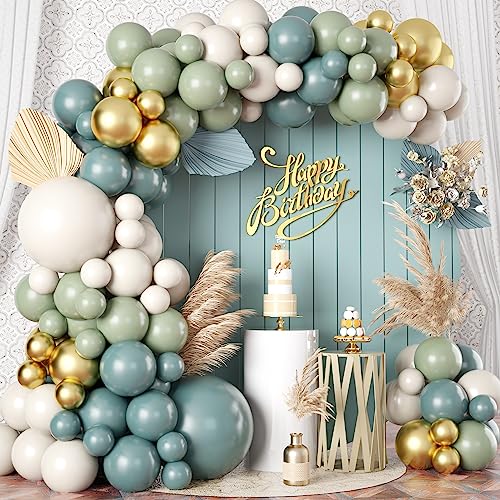 Luftballon Girlande Salbeigrün Biege Gold, 107 Stück Retro Pastell Grün Slate Blau Gold Weiß Sand Boho Ballon Girlande Set für Mädchen Frau Geburtstag Babyparty Hochzeit Verlobung Dschungel Party Deko von Oponti