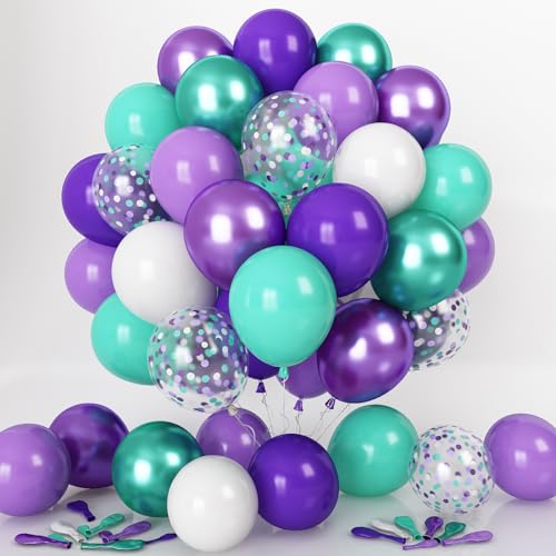 Luftballons Lila Grün, 55 Stück Metallic Lila Grün Matt Blaugrün Türkis Violett Weiß Konfetti Latexballon Helium Ballons für Mädchen Meerjungfrau Geburtstag Party Babyparty Hochzeit Dekoration von Oponti