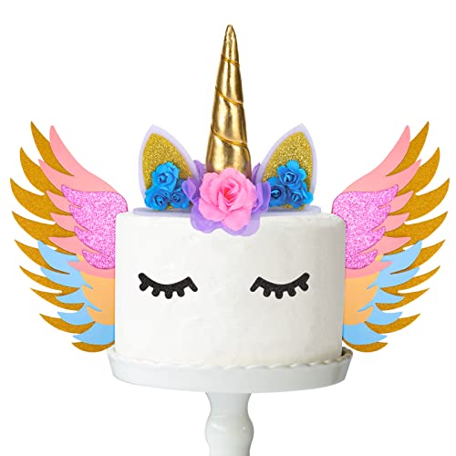 Opopark Einhorn Kuchen Topper,5 Stück 3D Einhorn Tortendeko mit Flügeln Einhorn Niedlich Horn Ohren Wimpern Kuchen Torte Deko für Party Geburtstag Hochzeit Weihnachten,Wiederverwendbare von Opopark