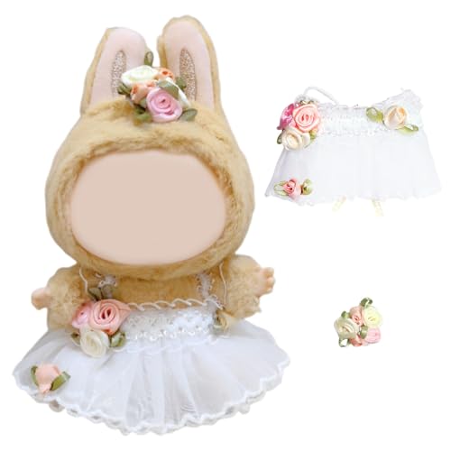 Labubv Kleidung, Kleidung für Labubv Puppe, Mini Kuscheltier Kleidung Zubehör, Blumenhaarzubehör+Hochzeitskleid für 14-17cm Labubv Plüsch, Mini Plüschpuppen Kleidungsset, für Mädchen von OptiPlay