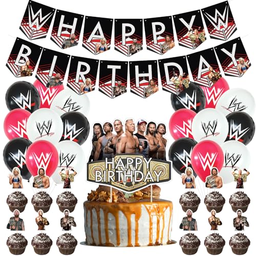 Wrestling-Geburtstagsdekorationen, Wrestling-Partyzubehör umfassen Happy Birthday Banner, Kuchendekoration, Cupcake-Topper, Luftballons für Kinder und Erwachsene, Party-Dekorationen (schwarz) von Optiacan