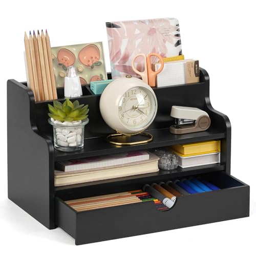 Optyuwah Schreibtisch Organizer aus Holz mit Schublade,Briefablage mit Schublade Schreibtischablage-Büro-Organisation,Ablage,Stiftehalter Dokumentenhalter,Postablage schwarz von Optyuwah