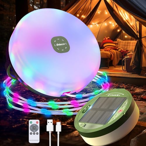 Orbecco Camping Lichterkette Solar 12m, 2 in 1 Verstaubare Camping Licht mit 13 Beleuchtungsmodi, USB Wiederaufladbare Laterne, IP45 Wasserdichte Tragbare Zelt Licht für Draußen, Terrasse, Garten von Orbecco
