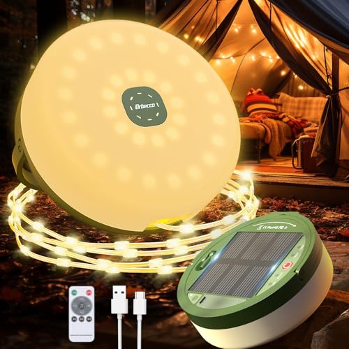 Orbecco Camping Lichterkette Solar 12m, 2 in 1 Verstaubare Camping Licht mit 8 Beleuchtungsmodi, USB Wiederaufladbare Laterne, IP45 Wasserdichte Tragbare Zelt Licht für Draußen, Terrasse, Garten von Orbecco