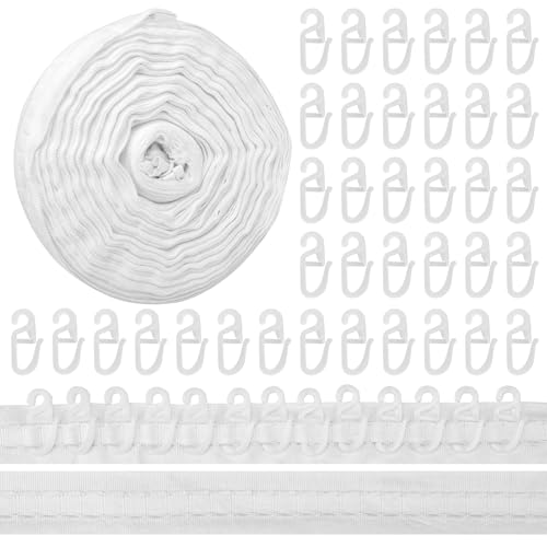 Gardinenband Kräuselband 30 m x 2,5 cm mit 100 Stück Gardinenhaken, Universalband Faltenband zum Aufnähen von Gardinen, weiß Gardinenband Kräuselband 30 m x 2,5 cm mit 100 Stück Gardinenhaken, Universalband Faltenband zum Aufnähen von Gardinen, weiß von Orchideeknc