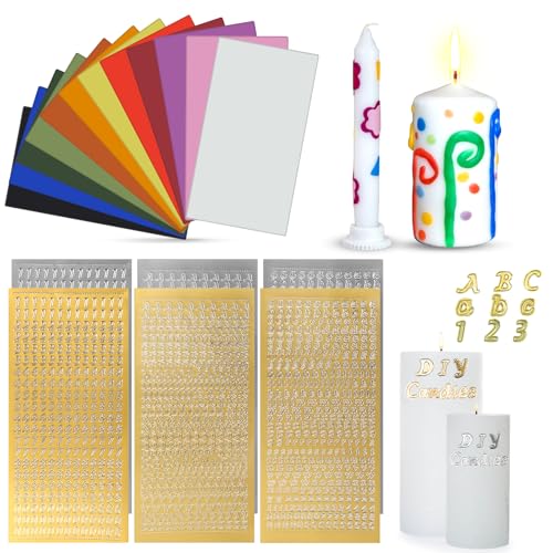 12 Farben Wachsplatten mit 3 Stück Goldenen Buchstabenaufklebern und 3 Stück Silbernen Aufklebern, zum Verzieren von Tauf- und Kommunionskerzen von Orchideeknc