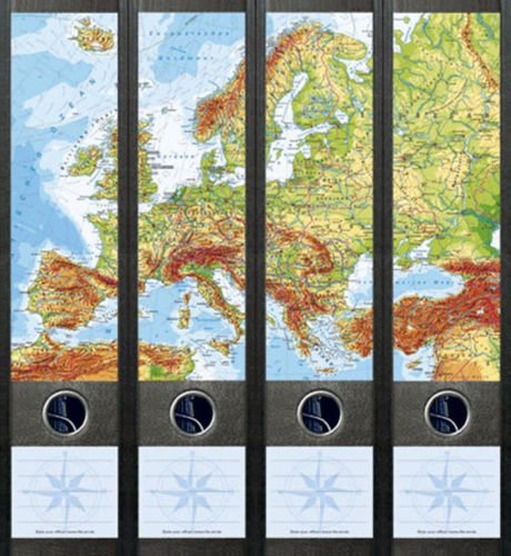 4er Set Ordnerrücken für breite Ordner Europa Karte Landkarte Aufkleber Etiketten Deko 061 von Ordnerrücken breit