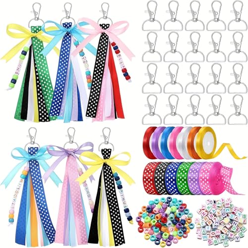 Oreilet 233pcs DIY Keychain Machen Handwerkskits, Ribbon Bow Letter Perlen Strings Kit, Keychain Charms Anhänger Party Favor Rucksack Dekorative Accessoires von Oreilet