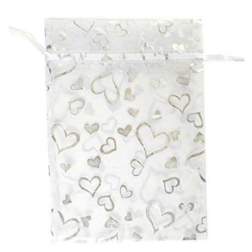 1 Organzabeutel transparent mit silbernen Herzen und weißem Ziehband ca. 17,5 x 13 cm von Organzabeutel