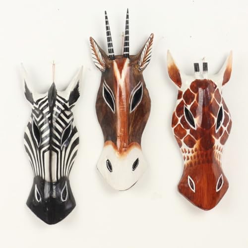 Oriental Galerie 3er Set Giraffe Zebra Antilope Wandmaske Holzmasken Maske Afrika Handgeschnitzte Exotische Tiermaske ca. 30 cm von Oriental Galerie